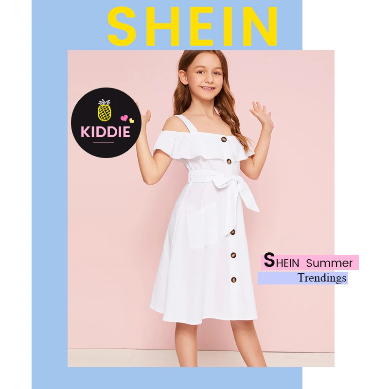 SHEIN детский белый с открытыми плечами и отделкой рюшами и поясом Рубашка Boho платье летние пуговицы спереди Высокая талия по колено милое платье