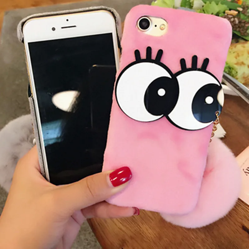 Чехол для iPhone X 8 6s Plus 7plus XR XS MAX 11Pro Ainike Big Eyes Wram с помпоном из кроличьего меха и
