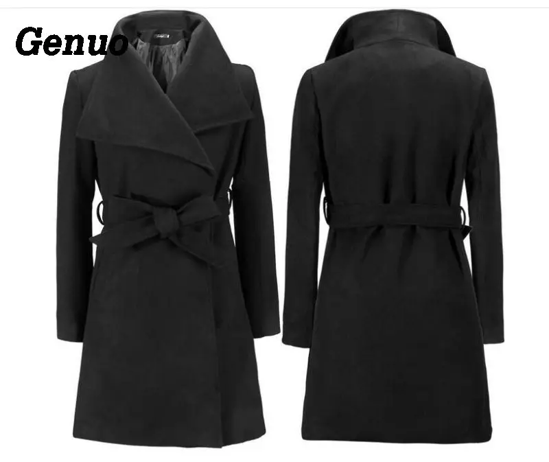 

Genuo Women Woolen Coat Wide Lapel Long Sleeve Medium-long Parka Belt Coat Elegant Women Winter Thick Warm Overcoat Jackets