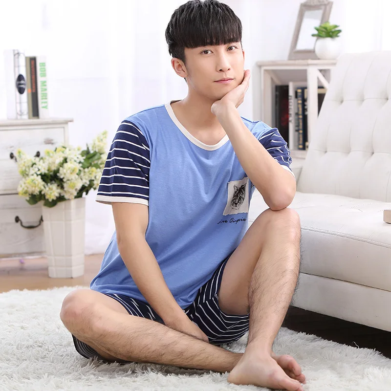 1077 Для мужчин летние пижамы с рисунком кошки синий топ + Полосатые укороченные