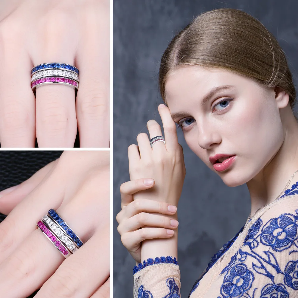 Jewelrypalace три стека 1.8ct круглый создан Рубин Сапфир Свадебный коктейль группа