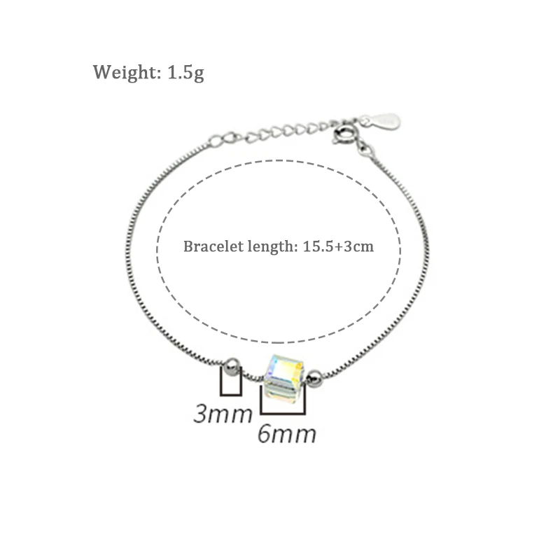 Aurora Square Crystal Real 925 Sterling Silver Bracelets for Women Female Korean Ins Style Box Chain Bracelet Jewelry YBR157 | Украшения и