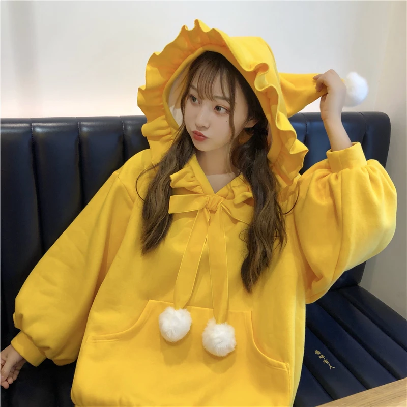 Зимний теплый пуловер с капюшоном Kawaii, женские Рождественские Длинные толстовки, большие размеры, ткань красного, желтого цвета, милые Лолита с оборками, милые толстовки