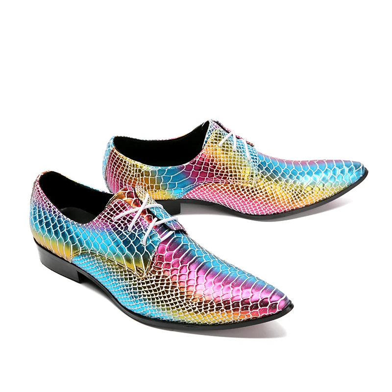 

Christia Bella Party Lace Up Oxfords Pointy Toe Rainbow Color Male Dress Shoes Italian Style Painted Leather Men's Formal Shoes