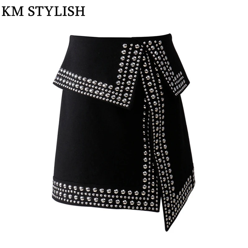 Черная юбка с высокой талией заклепками в стиле панк европейском и американском S