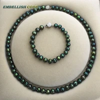 low price 7 8mm necklace bracelet set promotions sale dark malachite green real cultured pearls necklace classic style for women