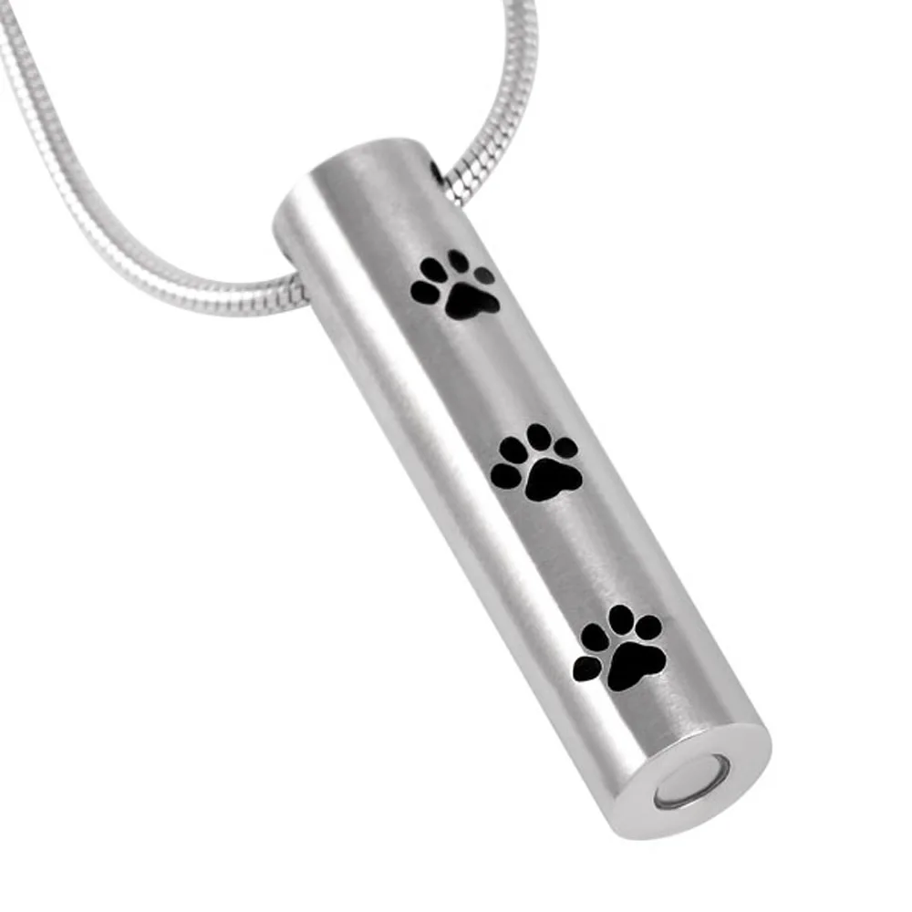 

IJD2473 Pet Paw Print Cylinder Cremation Jewelry for Ashes Pendant Stainless Steel Keepsake Memorial Urn Necklace for Men Women