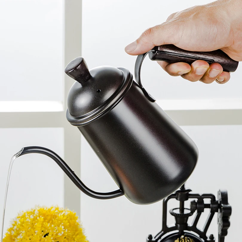 

650ml Kettle Coffee Tea Pot wooden handle Gooseneck Drip Stainless Steel Drip Kettle Non-stick coating Food Grade