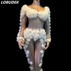 Женский комбинезон со стразами и цветами, розовый и белый комбинезон для сцены, для ночного клуба, певицы, празднования дня рождения, выпускного вечера, выступлений