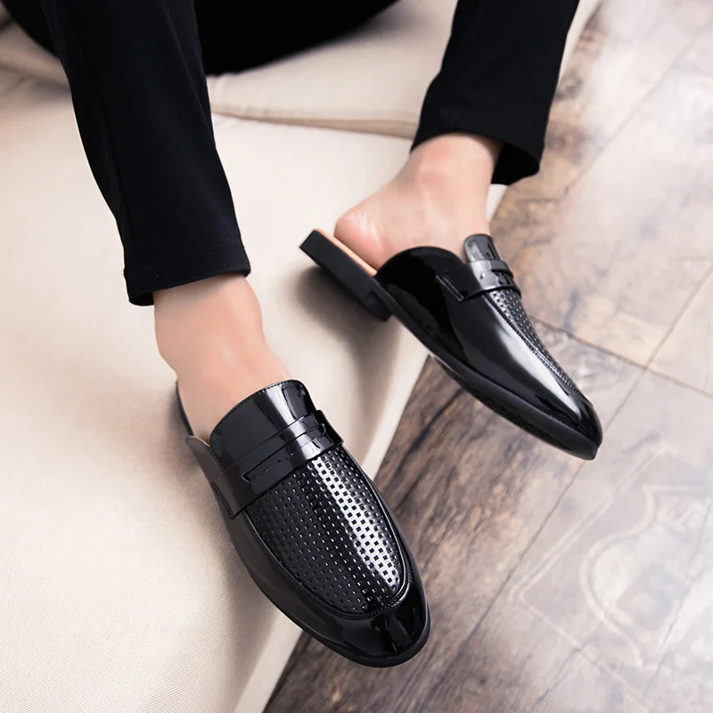 Patent Leather black hollow out loafers men shoes luxury brand designer mules lippers mocassin homme heren schoenen buty damskie