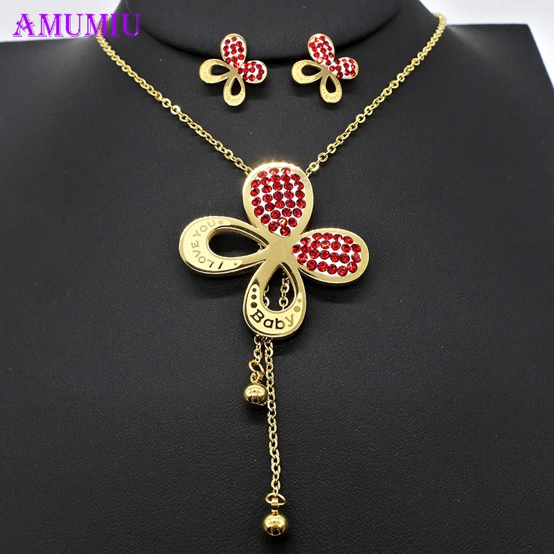 

AMUMIU Fashion Clear Austrian Red Crystal Gold Jewelry Sets Bow Tie Pendant Necklace Dangle Earrings For Wedding Sets JS025