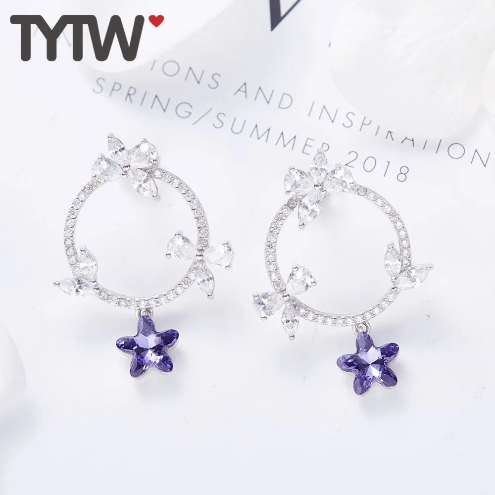 TYTW 925 Серебряные корейские серьги-гвоздики для девочек с кристаллами в виде