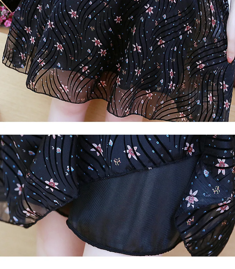 2018Summer Fashion Ladies plus size pinched waist floral chiffon dress stand collar cultivating Casual vestido tunics L-XXXXXL | Женская