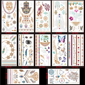 Временная металлическая татуировка, 1 лист, цветной Золотой стикер, чокер для лица, слона, красоты, бабочки, пера, Love для женщин, хна для Боди арта