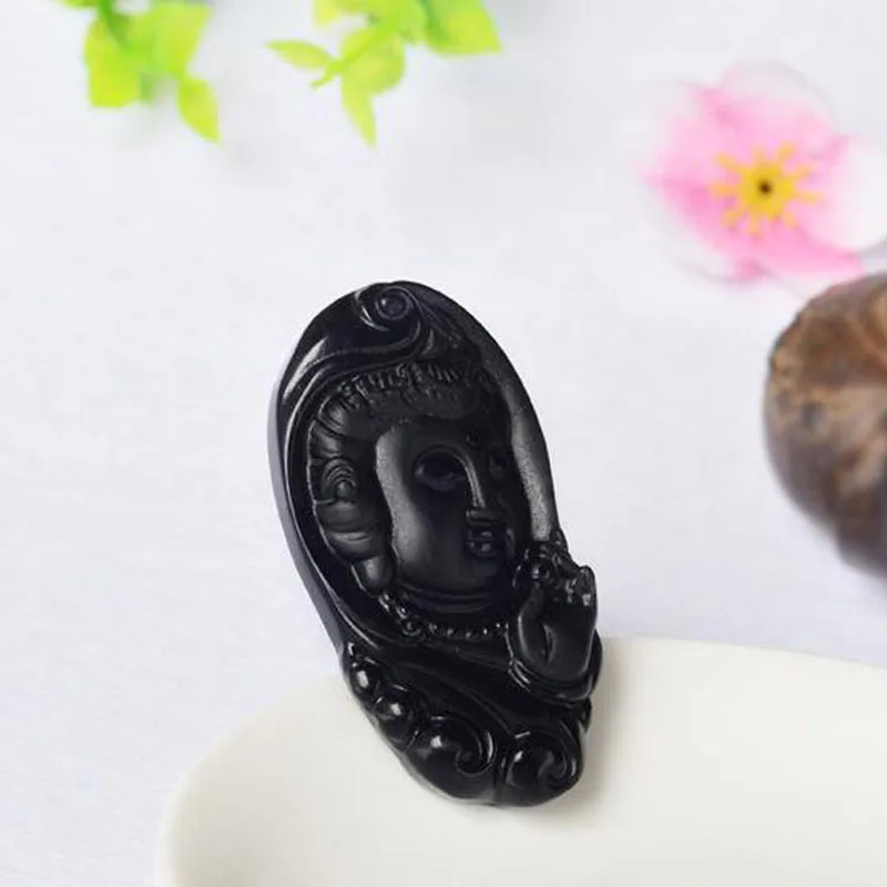 Красивая Ручная работа натуральный нефрит черный Обсидиан Резной Гуаньинь
