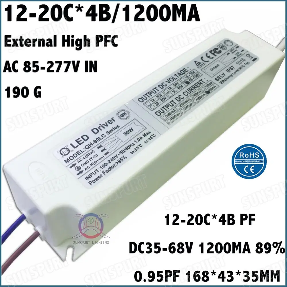 Внутри внешний высокий PFC CE 40-80 Вт AC85-277V светодиодный драйвер 12-20Cx3B 900mA 12-20Cx4B 1200mA DC35-68V постоянный ток
