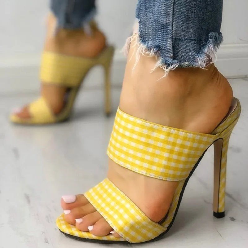 Женские туфли на высоком каблуке шпильке желтые или синие с открытым носком в