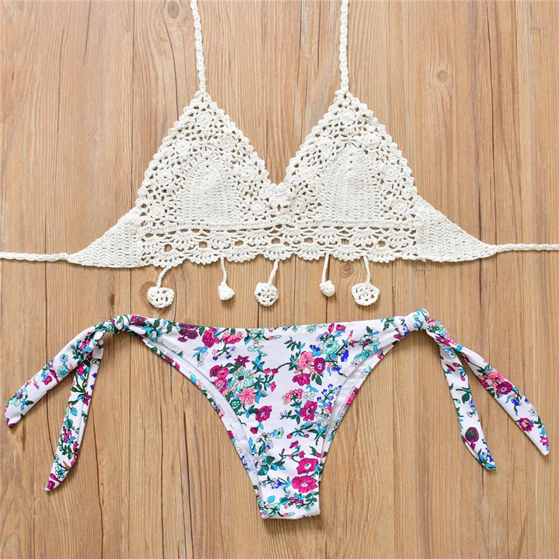 2017 крючком ванный комплект кисточкой Бикини Топ белый повод цветочный Низ