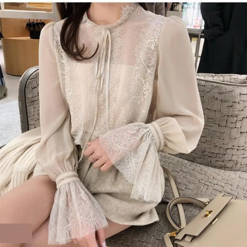 

2021 Spring New Arrival Fairy Blusa Feminina Chiffon Shirt Bottoming Flare Sleeve Lace Blouse Sling Attached Free Shipping