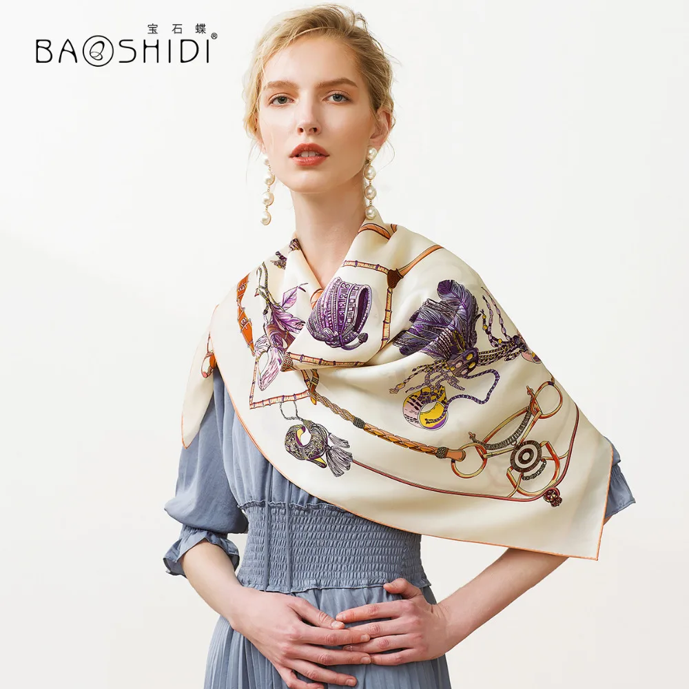 [BAOSHIDI] Шелковый Атласный квадратный шарф, модный шейный платок, роскошная Брендовая женская шаль, элегантные женские шарфы, бесконечный хиджаб Леди