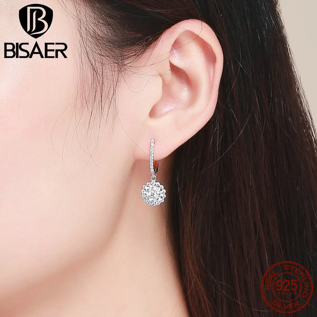 BISAER, модные, 925 пробы, серебряные, Кристальные, Круглые, серьги-гвоздики для женщин, циркониевые серьги, Стерлинговое Серебро, ювелирное изделие ECE517