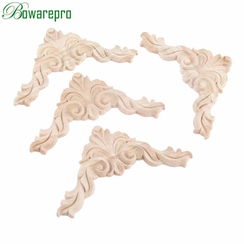 

bowarepro 13CM Vintage Unpainted Wood Carved Decal Corner Onlay Applique Frame for Furniture Cabinet Decor Crafts Decorative *4