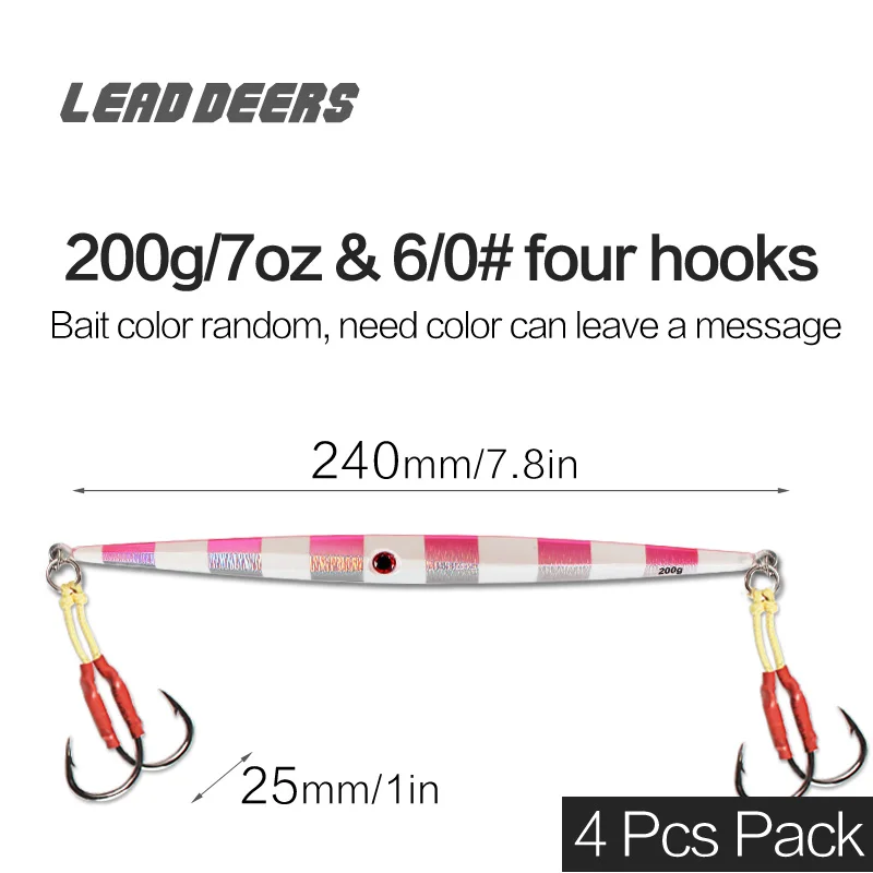 200g 4 hooks x 4Pcs Leaddeers Deep Sea джиг металлическая приманка джиг рыболовные Джиги океанская лодка рыболовные светящиеся Свинцовые Приманки для рыбы 5 цветов 4 шт./лот 200 г 300 г - Цвет: 200g 4 hooks x 4Pcs