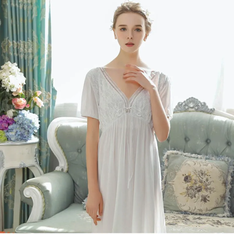 Женская летняя Ночная рубашка в стиле ретро с v образным вырезом кружевное