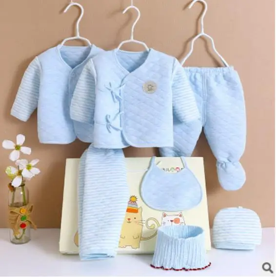 blue Осенне-зимняя одежда для маленьких девочек, 7 шт. хлопковое нижнее белье для младенцев спортивные костюмы для маленьких девочек трикотажная одежда для малышей от 0 до 3 месяцев - Цвет: blue