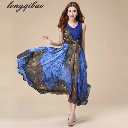 Женское пляжное платье без рукавов длинное шифоновое с цветочным принтом в