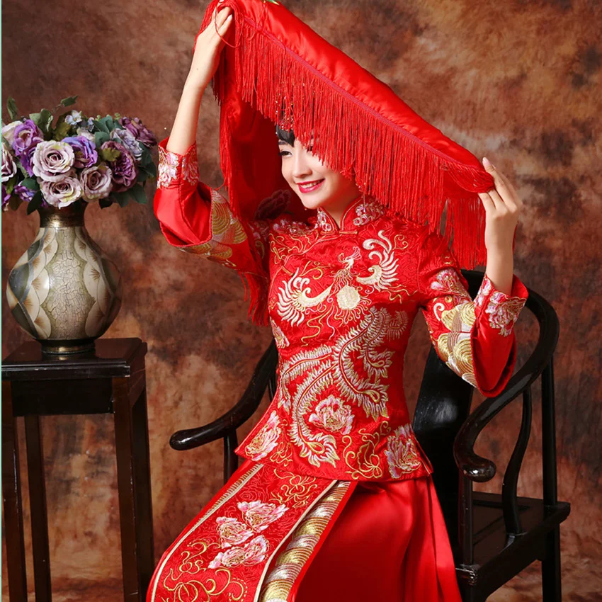Tafiy 2018 Вышивка дракон платье невесты свадебное Китайский Стиль Феникс Cheongsam