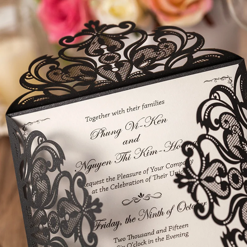 Personzlied Квадратной Формы Выдалбливают Лазерная Резка Черный Цвет Карты Свадебные