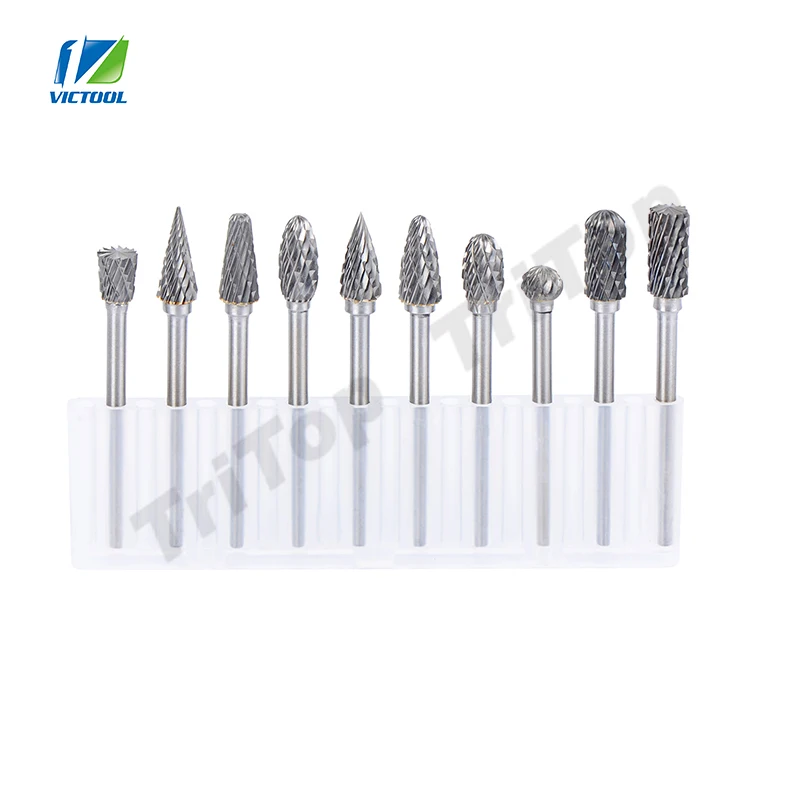 

Victool brand new 10pcs 1/8 Tungsten Carbide Burr 3mm Rotary Cutter files Set CNC Engraving bit for polishing and grinding