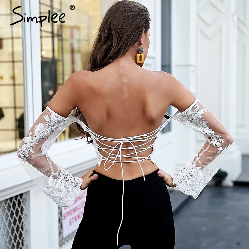 Simplee Женская белая рубашка с открытой спиной сетчатая прозрачная