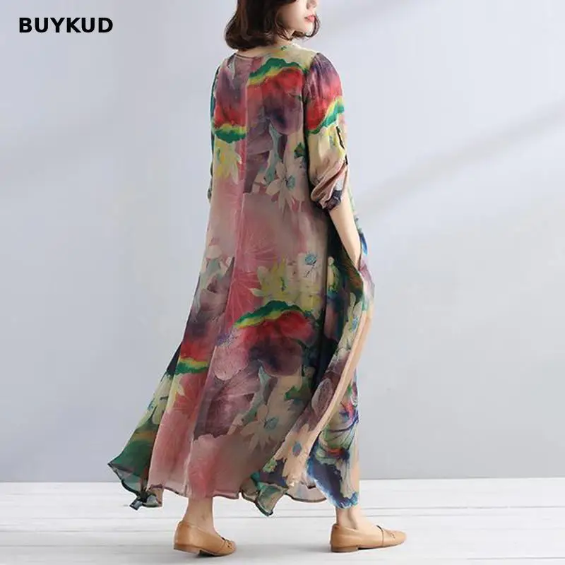 BUYKUD хлопковое льняное женское платье 2018 лето осень повседневное свободное Макси