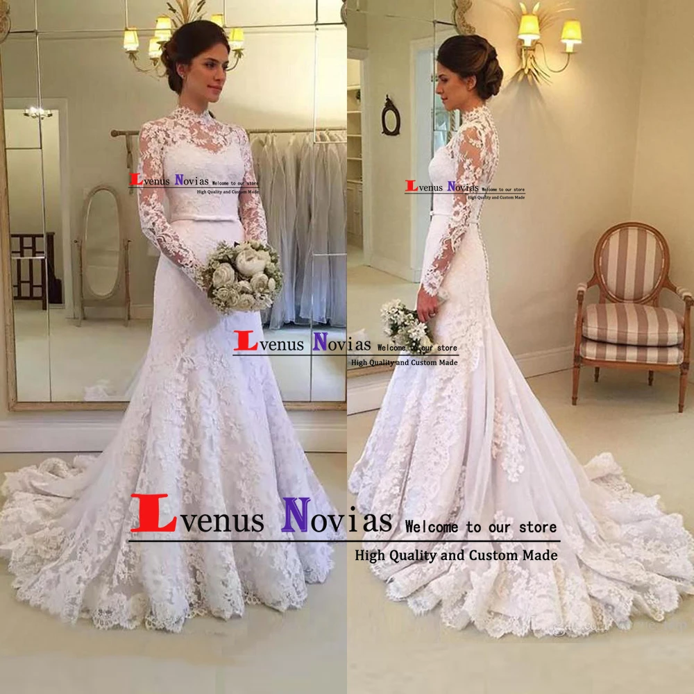 Vestido novia sirena старинные c высоким горлом с длинным рукавом Кружева свадебное платье