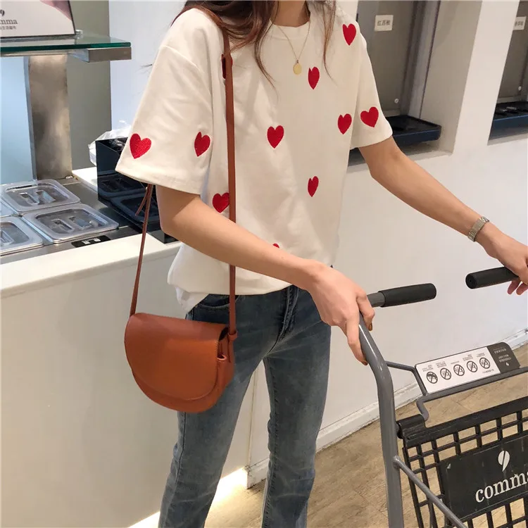 Новинка 2019 женская маленькая футболка в Корейском стиле с вышивкой Love Милая