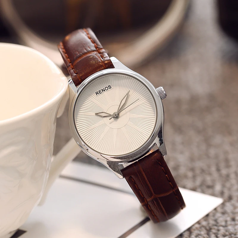 RENOS кварцевые часы женские в коробке простые Водонепроницаемые кожаные Наручные