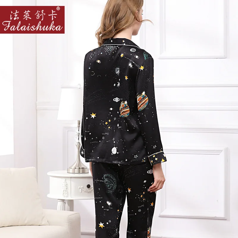 Heavy Silk Woman Pajamas Romantic Starry Sky Long-Sleeve 100% SILK Sleepwear Female Two-Piece Silkworm Silk Pyjama Sets T8161