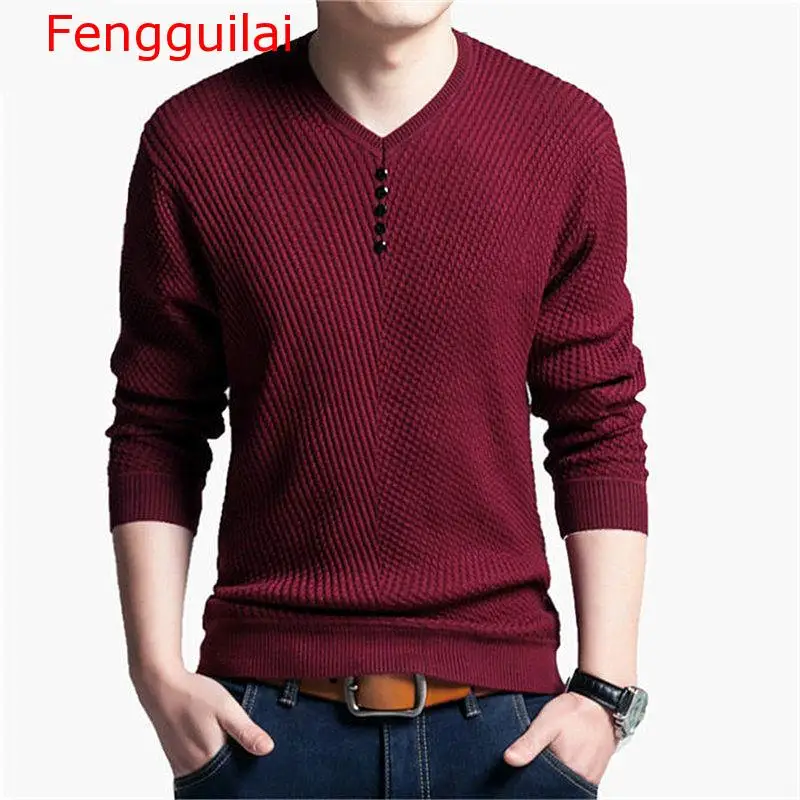 

Fengguilai Sweater Men Casual V-Neck Pullover Men Autumn Slim Fit Long Sleeve Shirt Mens Sweaters Knitted Cashmere Wool Pull Hom