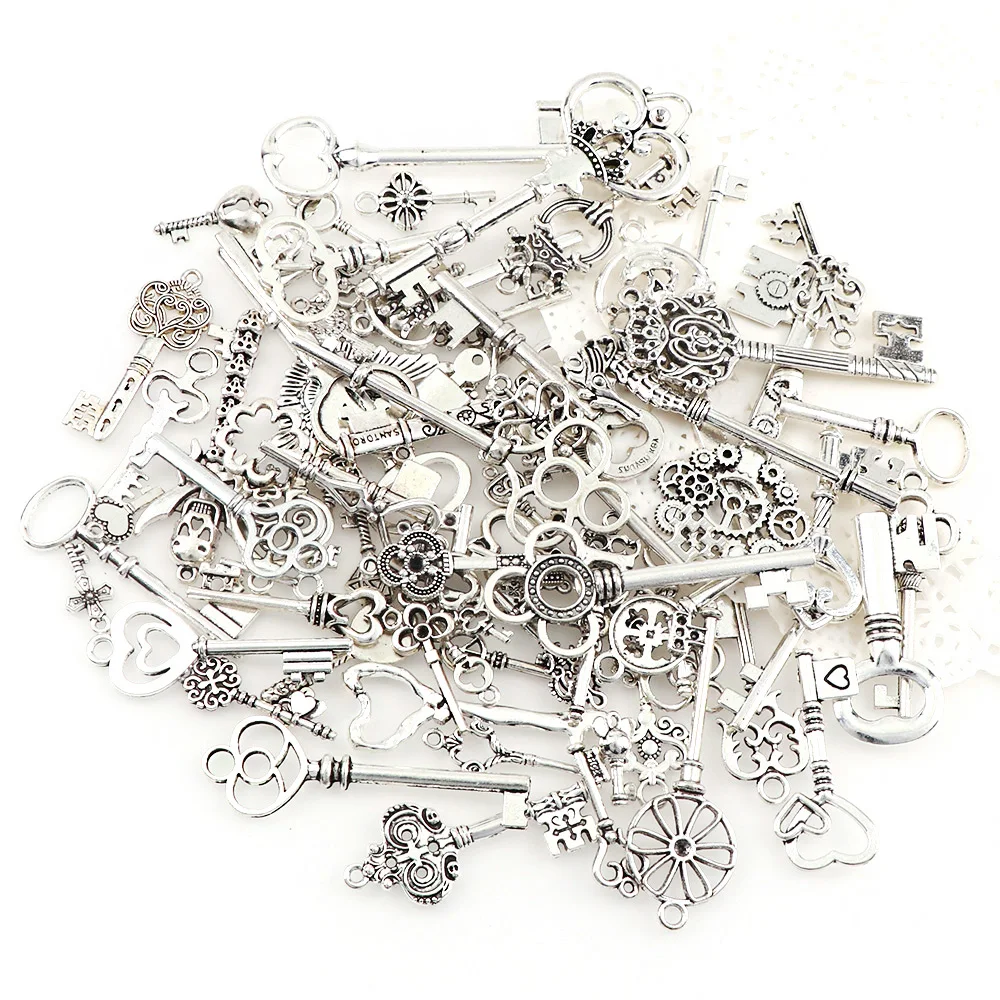 80 шт./лот винтажный набор ключей в античном серебристом цвете браслеты с бусинами