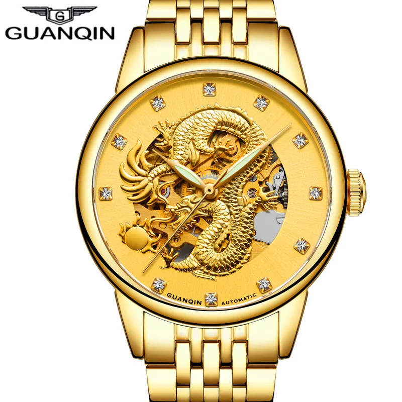 Top Brand GUANQIN Watch Men Luxury Mechanical Watches Gold Dragon Diamond Stainless Steel Mens Watches Automatic Wristwatch new