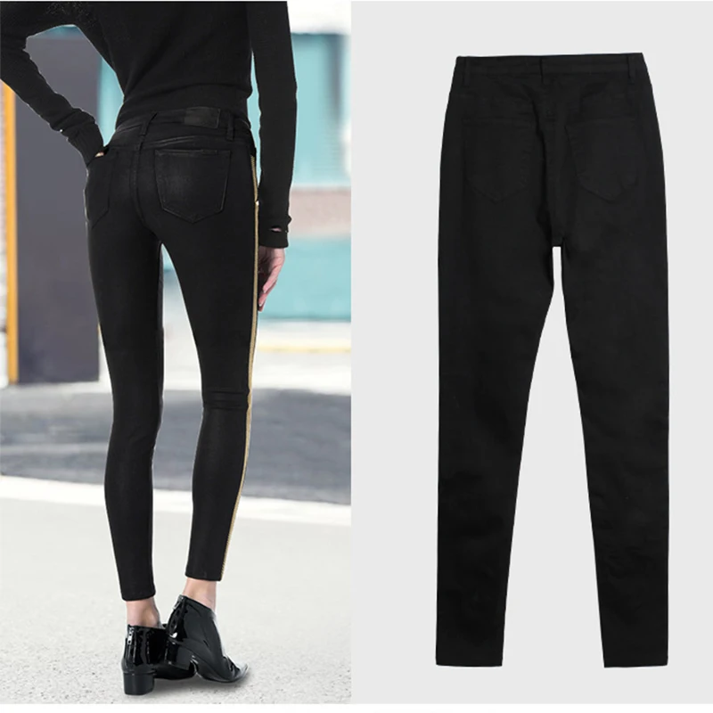 KENNTRICE черные джинсы женская уличная карандаш брюки для девочек Slim Fit золотая линия боковой полосой мама для женщин; большие размеры 3xl
