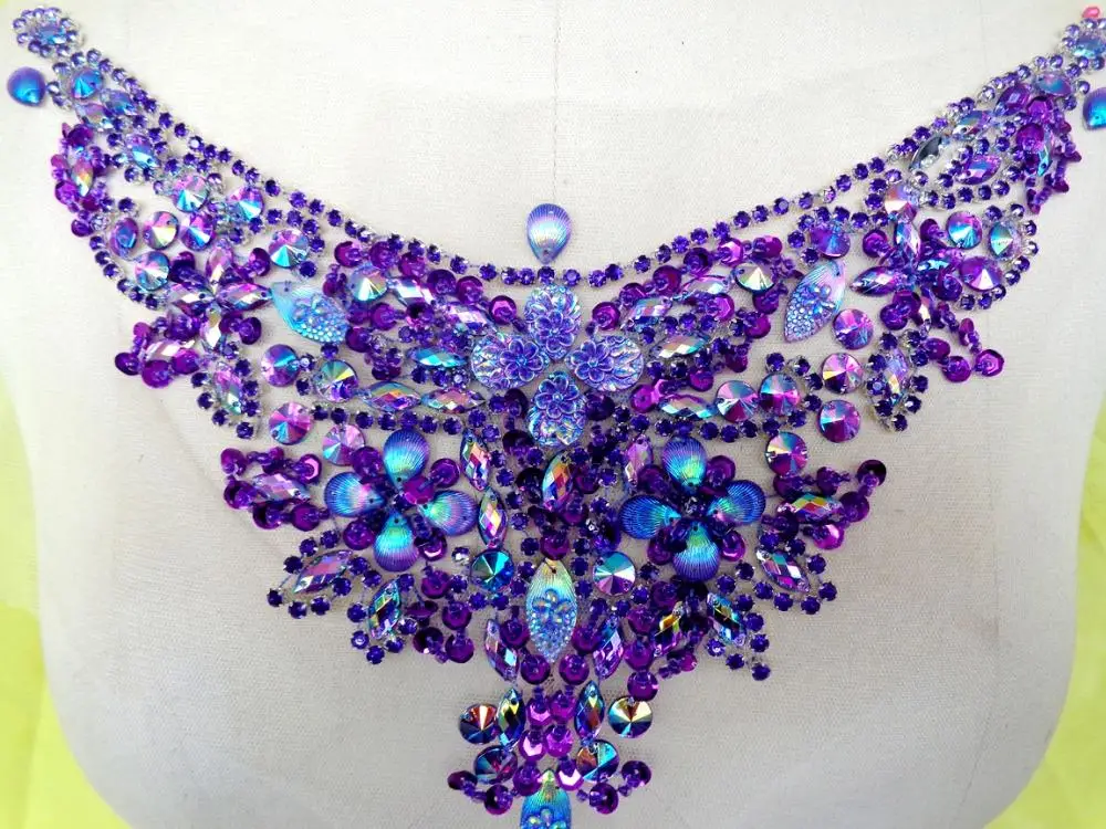 Handmade crystal patches purple sew on Rhinestones applique with stones sequins beads 32*13cm for top dress | Дом и сад