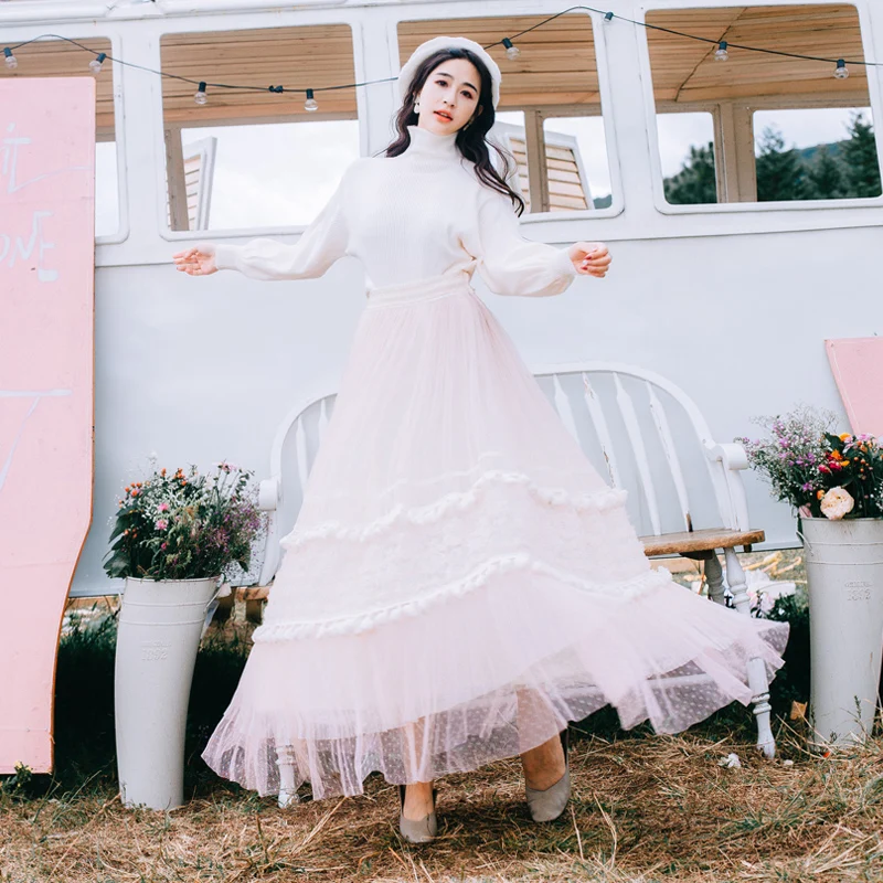 Sweater skirt suit YOSIMI Осень Зима Женский костюм комплект женское платье полный рукав пуловер Свободное пальто свитер с высоким воротом+ костюм с кружевной юбкой женский - Цвет: Sweater skirt suit