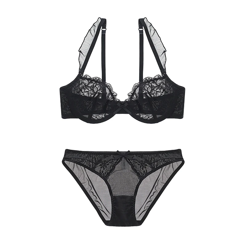 

Underwear ruffle hem shoulder strap ultra-thin sexy lace bra set bra women's underwear