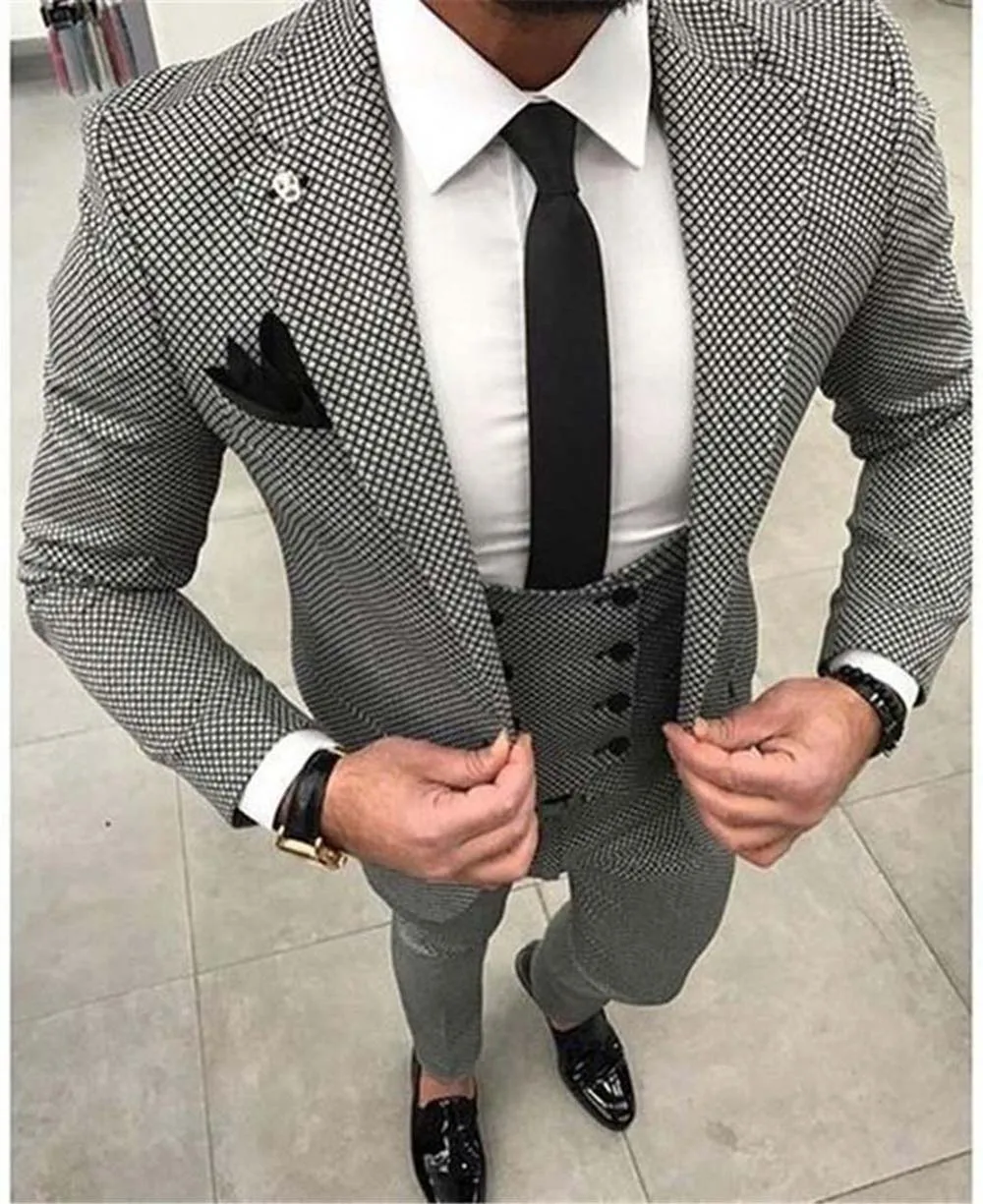as picture Новинка, мужские костюмы, 3 предмета, приталенный, формальный, с отворотом, смокинг для свадьбы, выпускного, вечерние, двубортный жилет, блейзер+ жилет+ брюки - Цвет: as picture