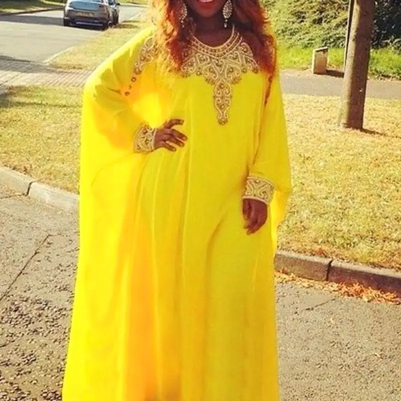 

Muslim Evening Dresses Long Sleeves Formal Women Arabic Style Dubai Kaftan Dress 2019 New Fancy Yellow Chiffon Robe De Soiree