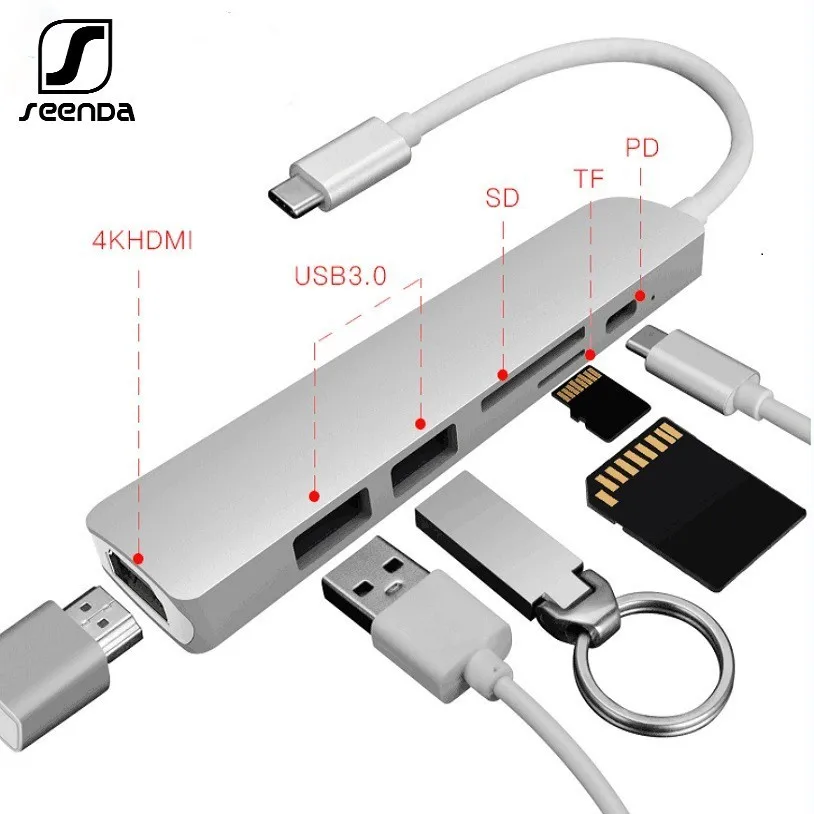 

SeenDa Six-in-One Extension Multi USB 3.0 Adapter Dock TYPE C HUB to HDMI-compitable Reader Card PD Charging HUB for MacBook Pro