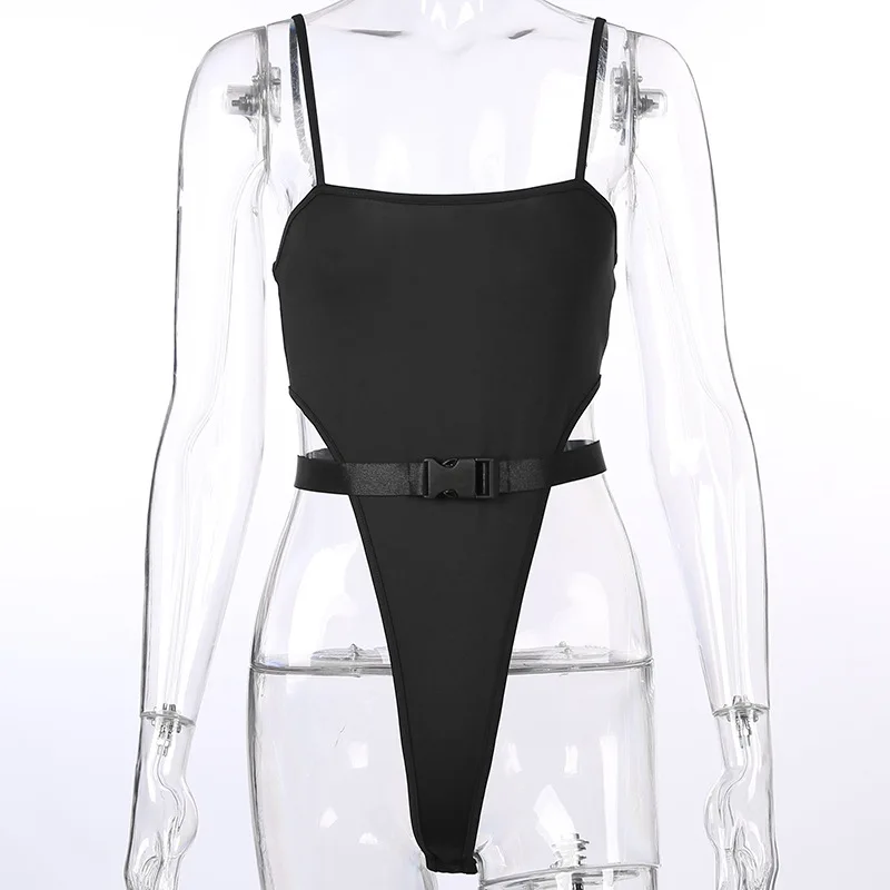 Высокая талия Bodycon сексуальные женские боди Черный Спагетти комбинезон на